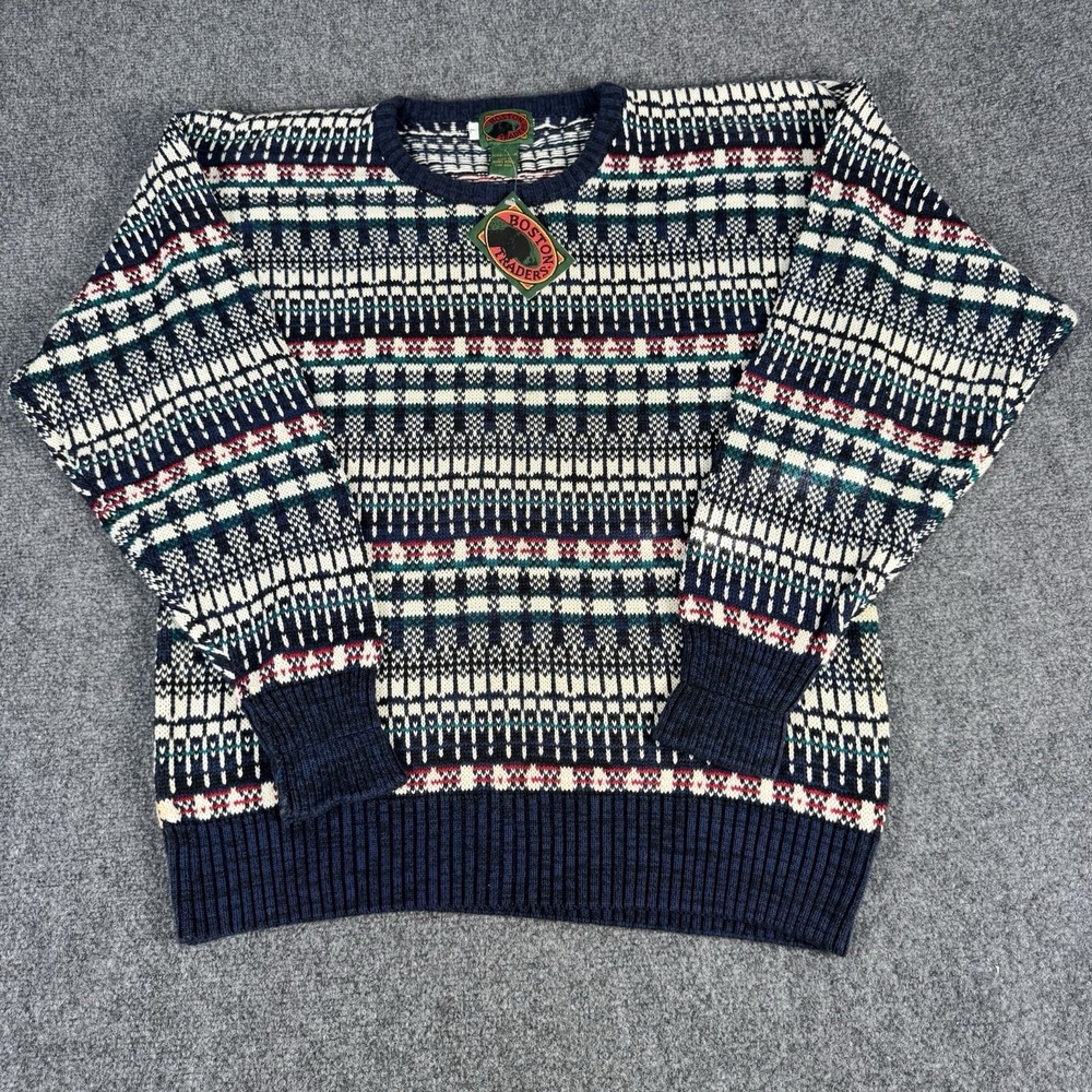 New Vintage Boston Traders Sweater Mens L Colorful 80s 100% Wool Geometric NWT